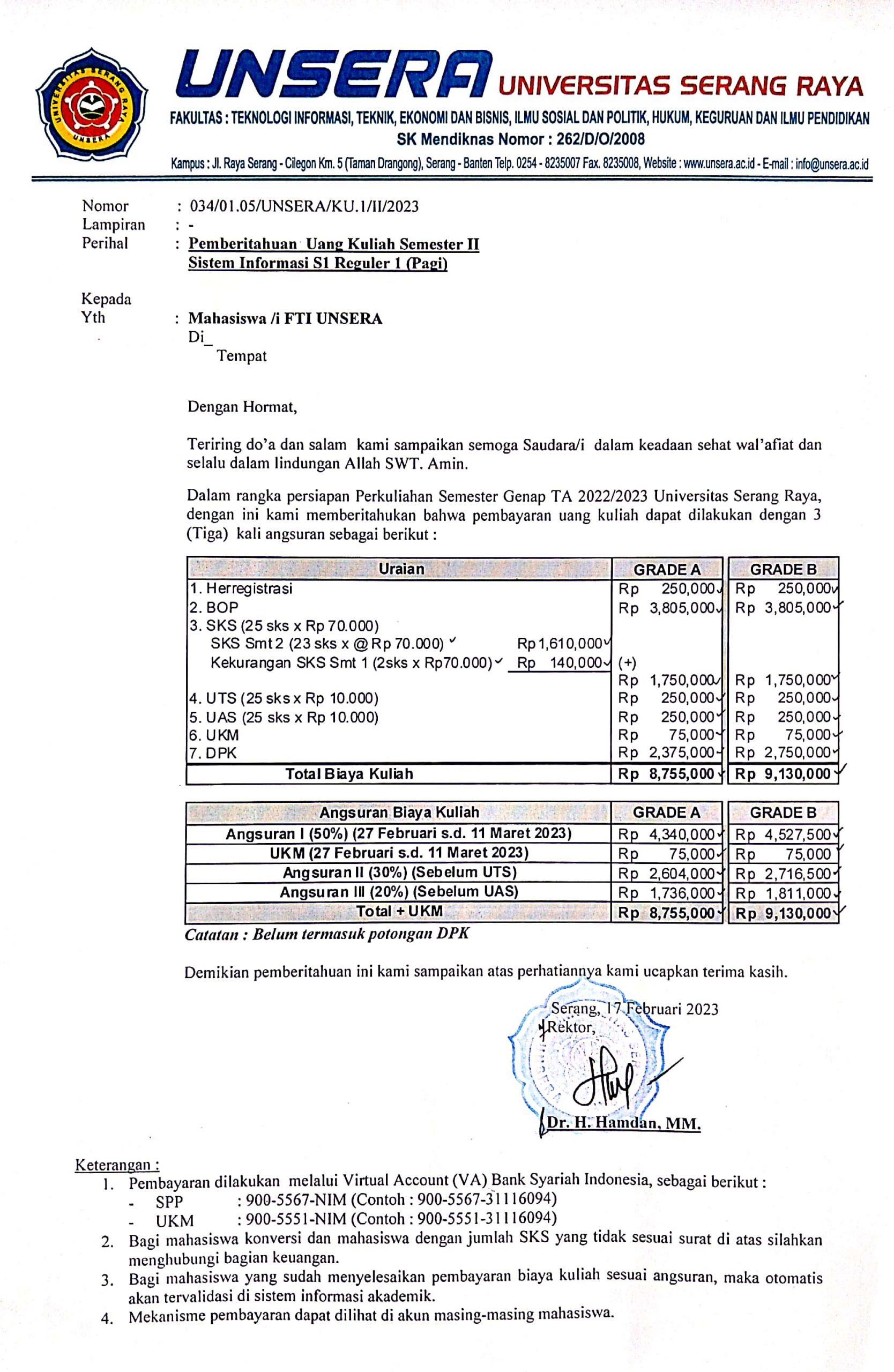 Biaya Perkuliahan Prodi Sistem Informasi Semester Ii Unsera